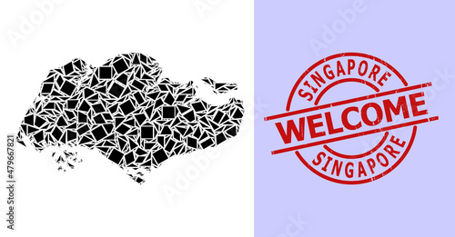 Simple geometric mosaic map of Singapore with dirty stamp seal. Red stamp seal has Welcome caption inside round and lines shape.