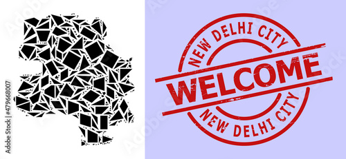 Simple geometric mosaic map of New Delhi City with grunge stamp seal. Red stamp has Welcome caption inside round and lines form.