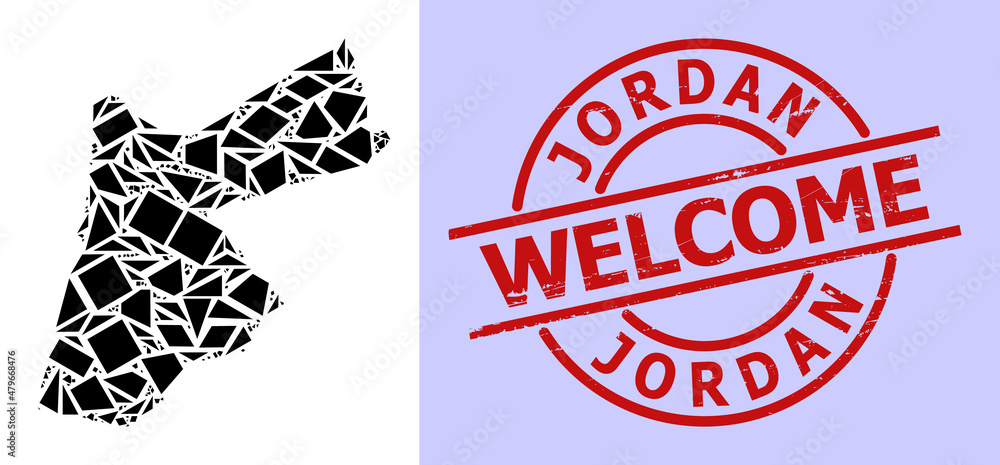 Simple geometric mosaic map of Jordan with corroded stamp seal. Red stamp seal contains Welcome caption inside round and lines template. Simple geometric mosaic map of Jordan with corroded stamp seal. Red stamp seal contains Welcome caption inside round and lines template.