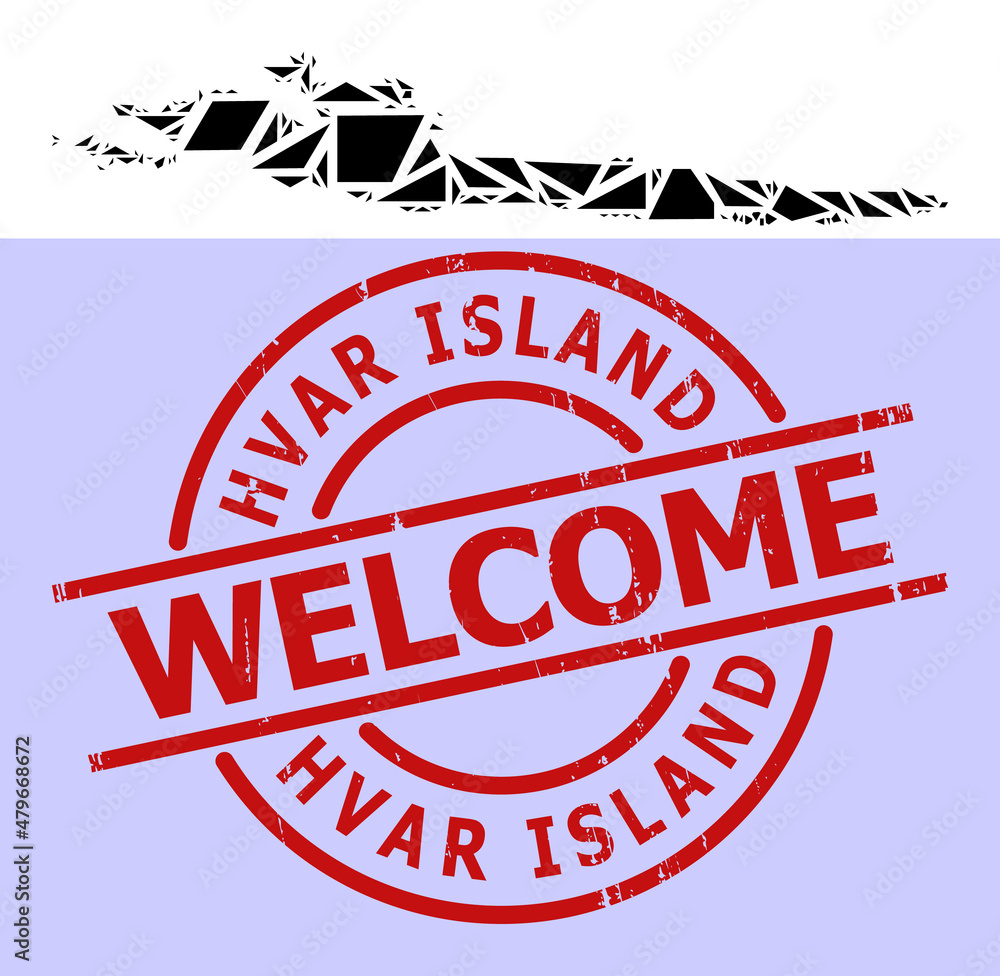 Simple geometric mosaic map of Hvar Island with dirty seal. Red seal has Welcome text inside round and lines template. Vector mosaic map of Hvar Island collage is filled of randomized triangles, Simple geometric mosaic map of Hvar Island with dirty seal. Red seal has Welcome text inside round and lines template. Vector mosaic map of Hvar Island collage is filled of randomized triangles,