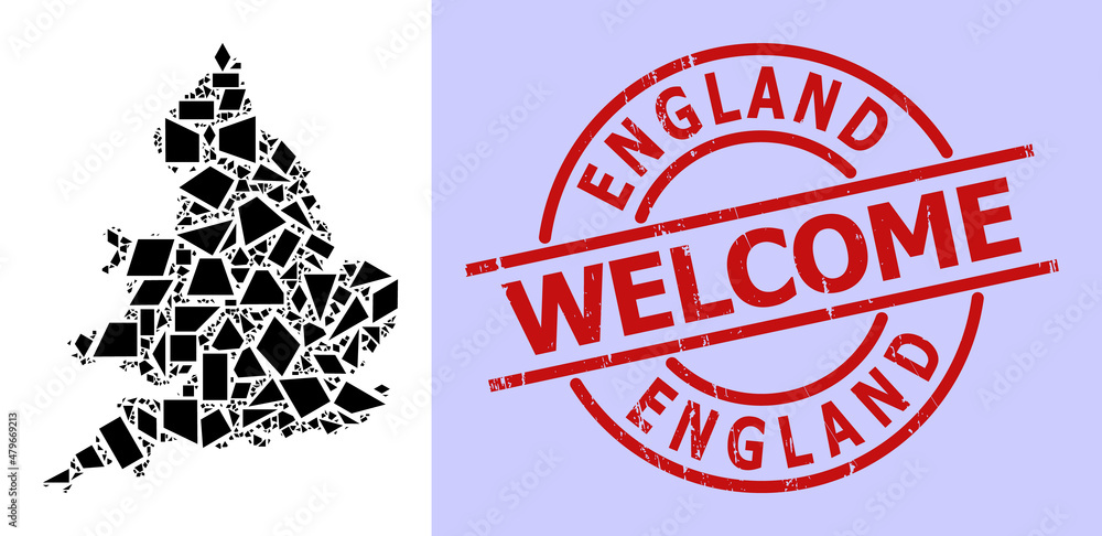 Simple geometric mosaic map of England with textured stamp seal. Red stamp seal contains Welcome tag inside round and lines template. Simple geometric mosaic map of England with textured stamp seal. Red stamp seal contains Welcome tag inside round and lines template.