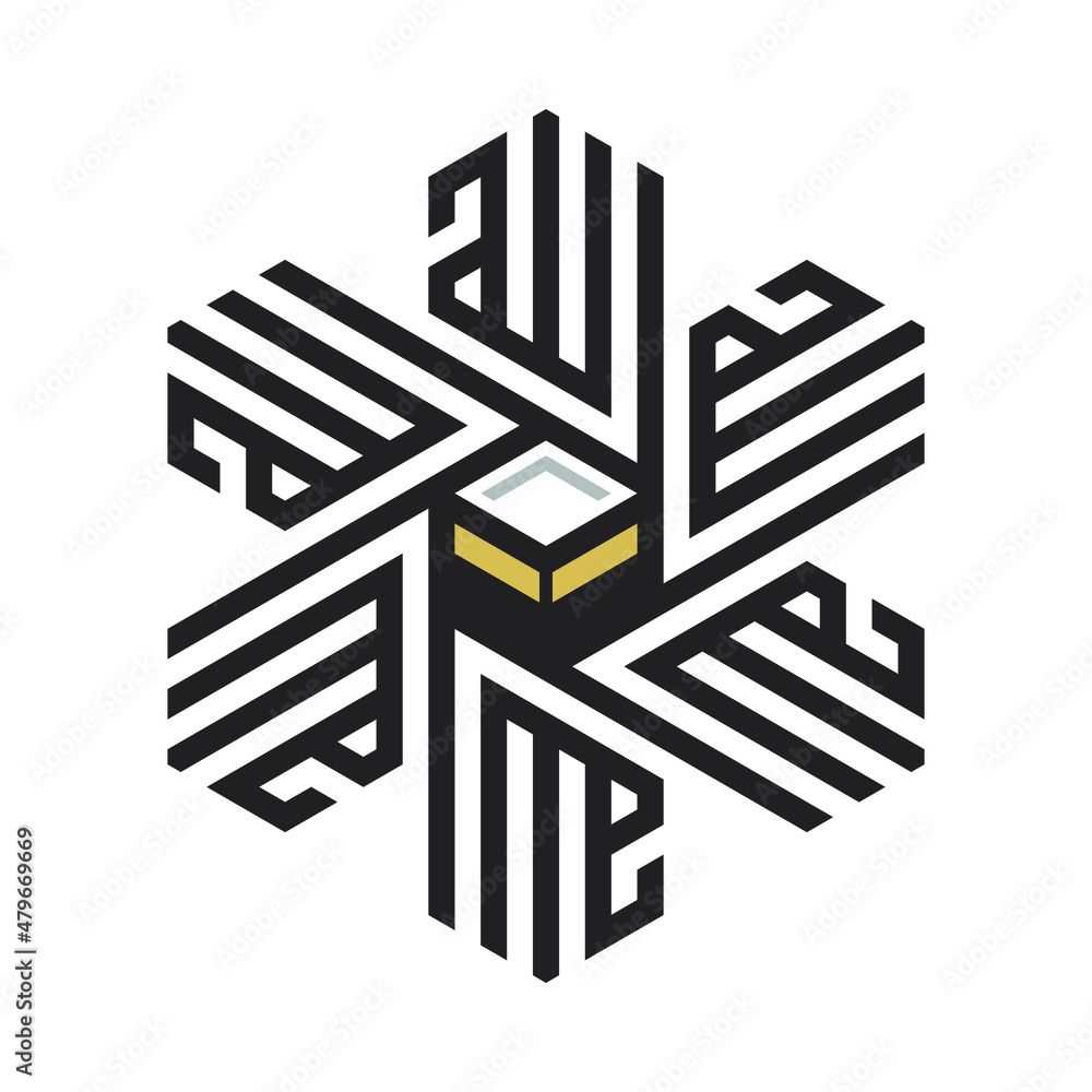 Arabic calligraphy of the name of Allah (God) in star shape with Kaaba icon in the center. Arabic calligraphy of the name of Allah (God) in star shape with Kaaba icon in the center.