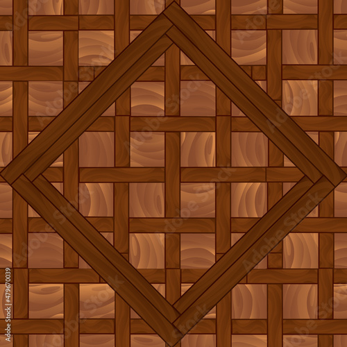 Vector illustration with a top view of a dark wooden parquet in the form of squares, cubical. Conceptual parquet, linoleum design. It can be used for background decoration in web design, banner, etc.