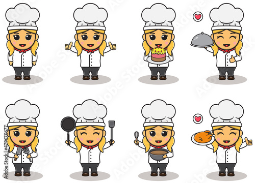Vector illustration of cute Girls chef cartoon. Happy Kid chef character wearing chef outfit with cheerful expression. Cartoon flat vector collection isolated on white background.