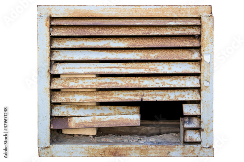 Damaged rusty metal ventilation grate isolated on white background