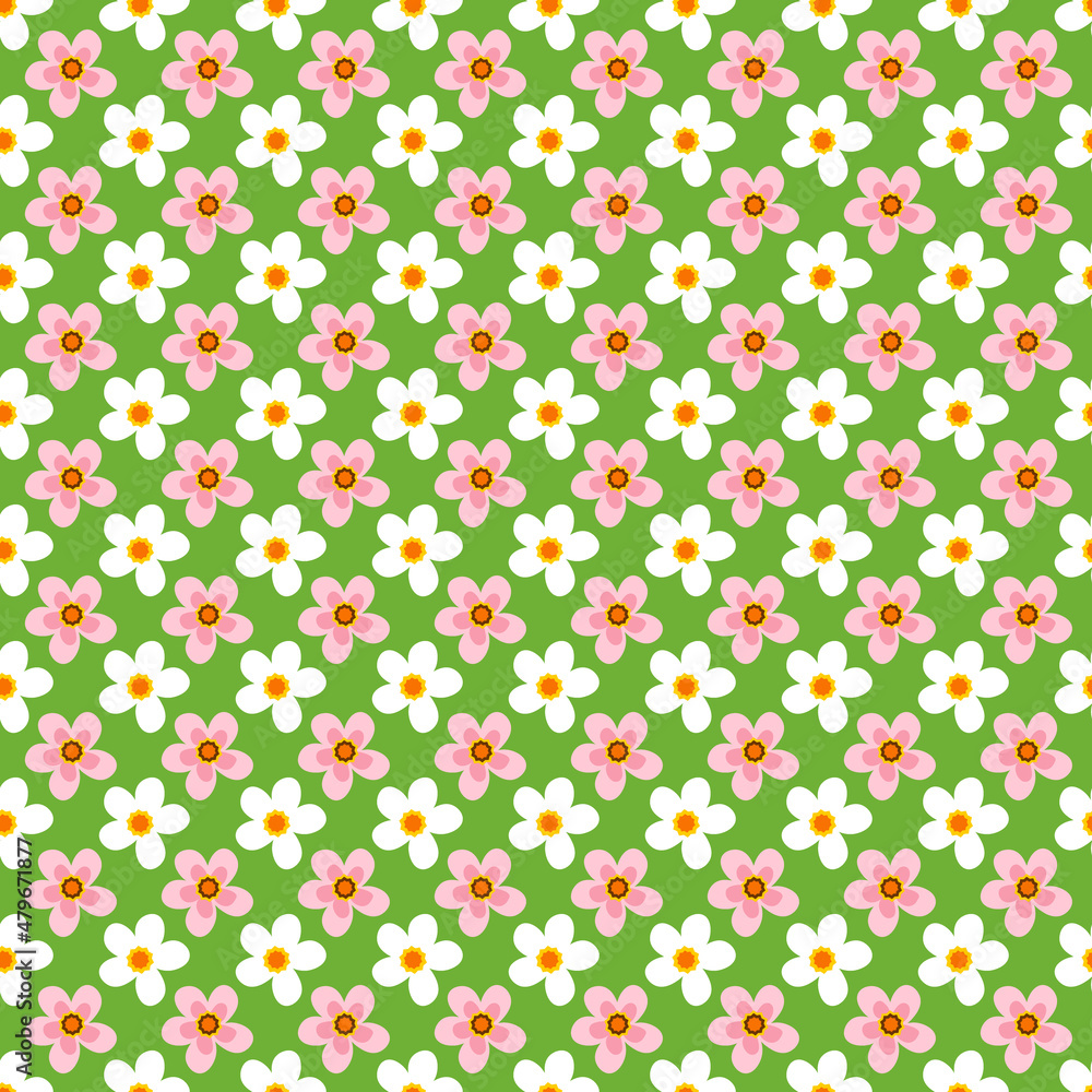 Pattern with pink and white flowers on a green background. Floral ornament. Vector illustration. For covers, prints, packaging, flyers, fabrics, fashion industry and shops, stationery. Pattern with pink and white flowers on a green background. Floral ornament. Vector illustration. For covers, prints, packaging, flyers, fabrics, fashion industry and shops, stationery.