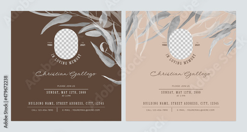 Floral memorial and funeral invitation card template design, brown decorated with grey eucalyptus leaves
