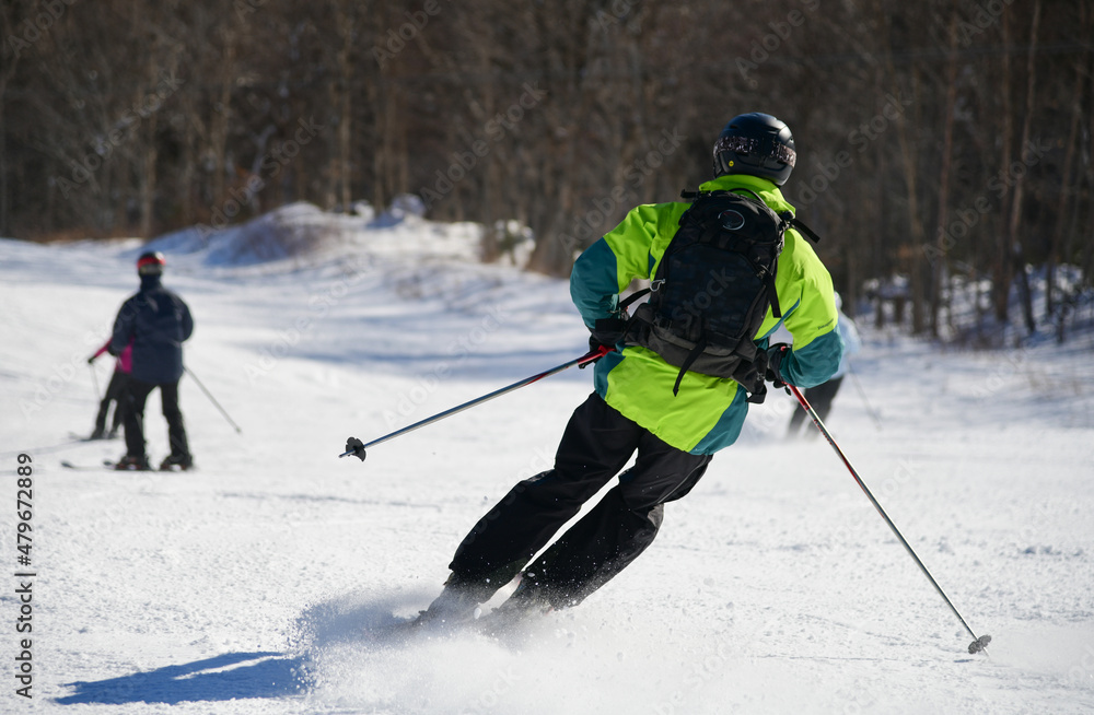 Back view of the male skier downhill on a fresh powder snow.