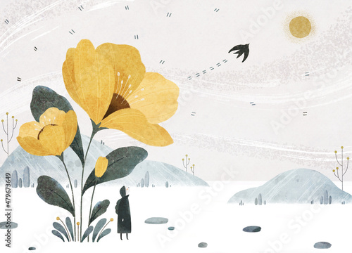 Illustration of imaginary landscape with huge yellow flowers, hills, little woman, and bird.