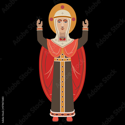 Virgin Mary in folk Russian style. Orthodox Christian female saint woman. The Virgin Orans. Oranta. Byzantium holy icon. On black background.