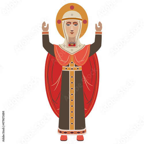 Virgin Mary in folk Russian style. Orthodox Christian female saint woman. The Virgin Orans. Oranta. Byzantium holy icon. Isolated vector illustration.