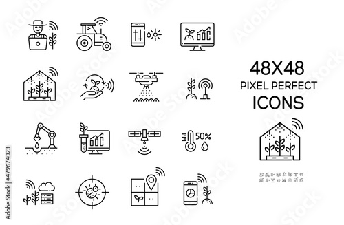 Smart farming icons set. Farmer using internet of things, drones and robots for precise farming. Pixel perfect, editable stroke icons