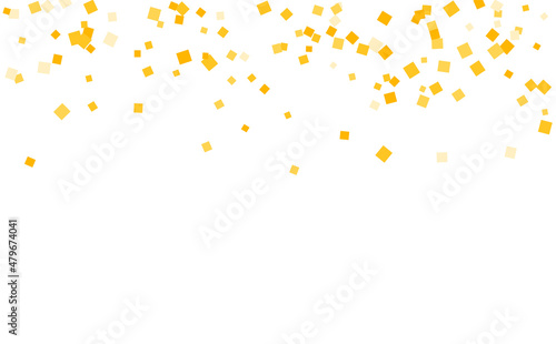 Stylish gold square confetti tinsels falling on white. Luxurious Confetti Fall From Top To Bottom. Postcard Square Design eps.10