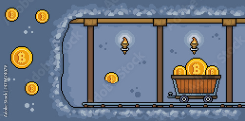 Pixel art bitcoin mine with mining cart. Bitcoin mining cave
background 8bit