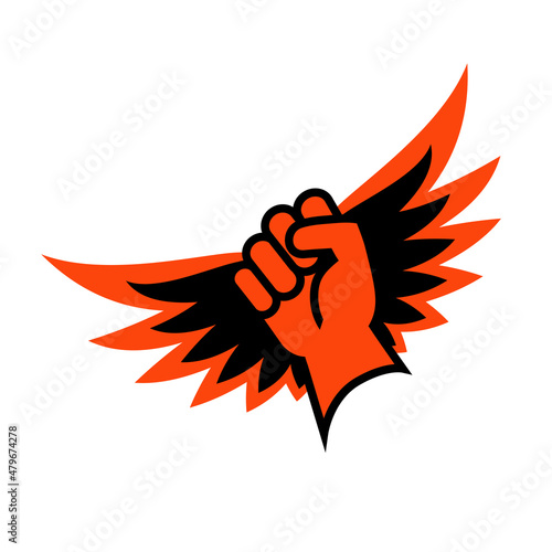 Fight for freedom, civil rights, protest icon or logo. Raised fist with wings. Simple design for posters, banners, social media. photo