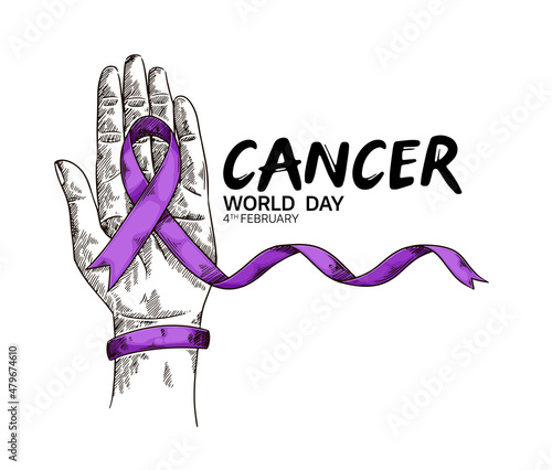 World Cancer Day Vector Design with hand holding ribbon for campaign and poster