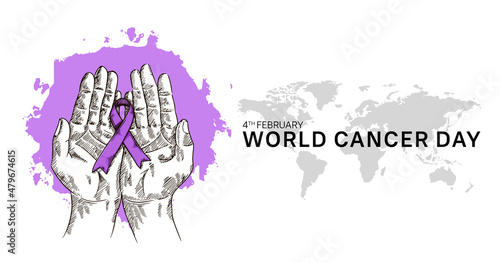 World Cancer Day Vector Design with hand holding ribbon for campaign and poster