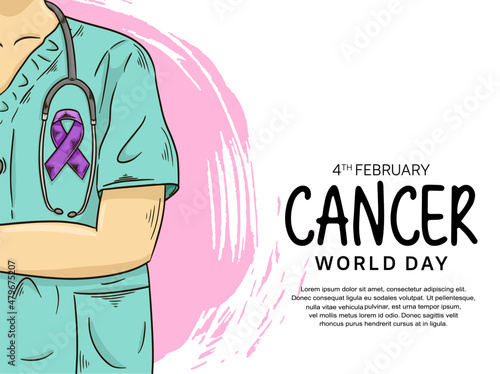 World Cancer Day Vector Design with nurse wearing ribbon illustration for campaign and poster