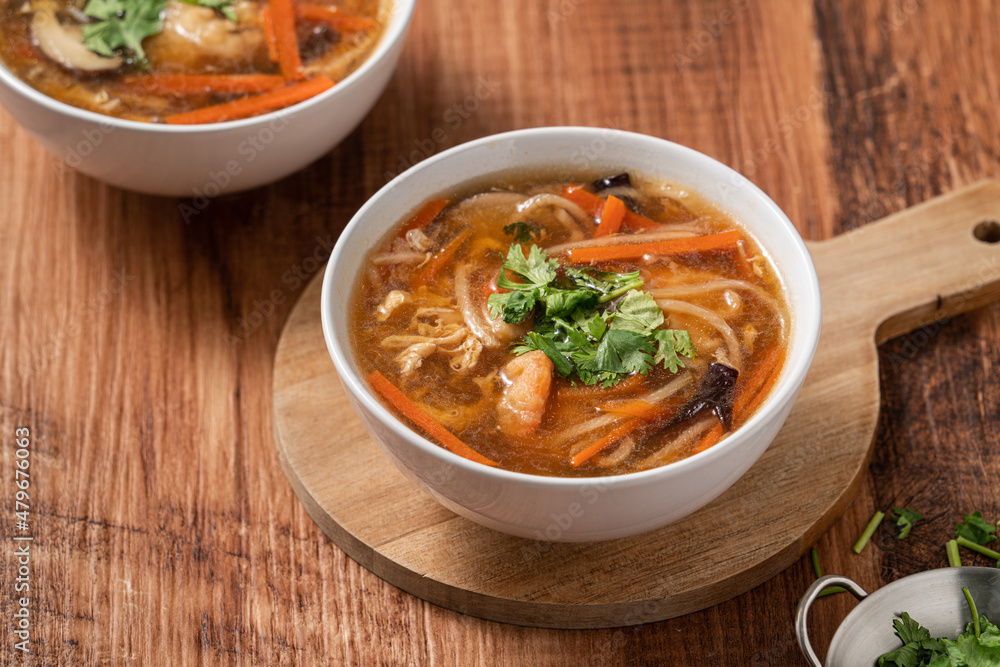 Delicious traditional thick soup with shrimp meat ball and vegetables. Delicious traditional thick soup with shrimp meat ball and vegetables.