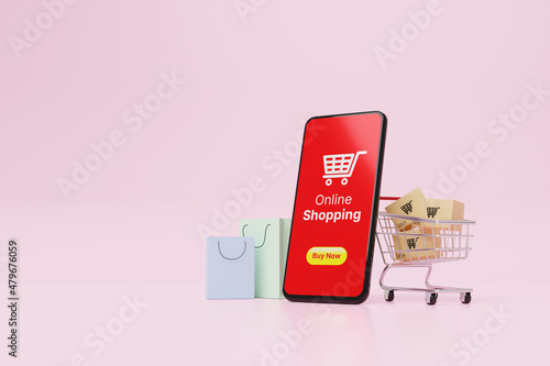 Online shopping concept. Web or mobile application ecommerce. Smartphone and carton paper box in shopping cart and shopping bag on pink background. 3d rendering