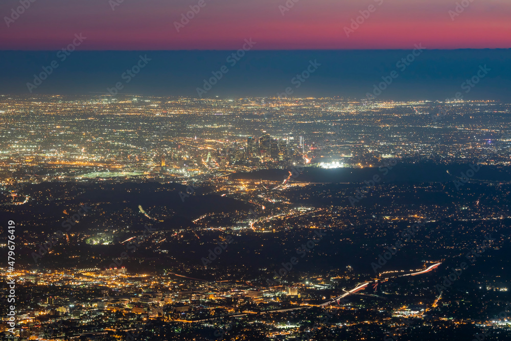 Sunset high angle view of the Los Angeles area