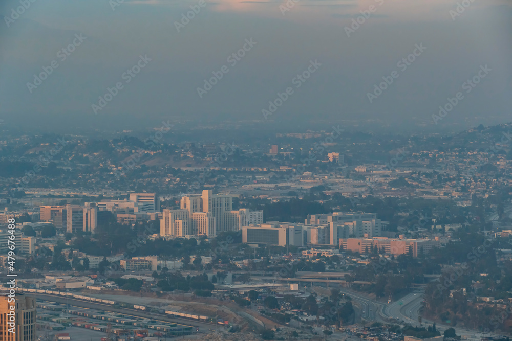 Sunset aerial view of USC Medical Center area