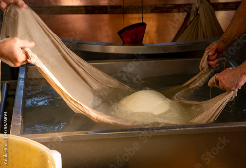 Process of making wheels of parmigiano-reggiano parmesan cheese on small cheese farm in Parma, Italy