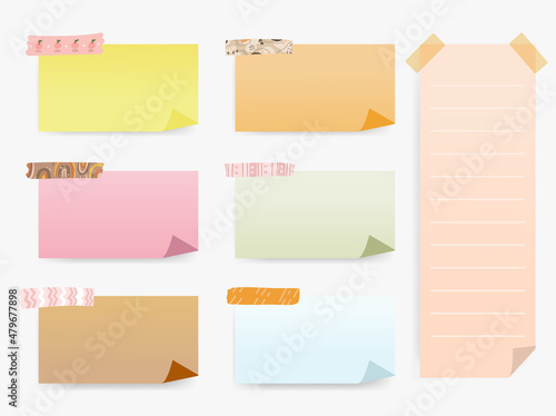 Colorful sticky notes memo with washi tape. Sheet note paper collection for bullet journal.