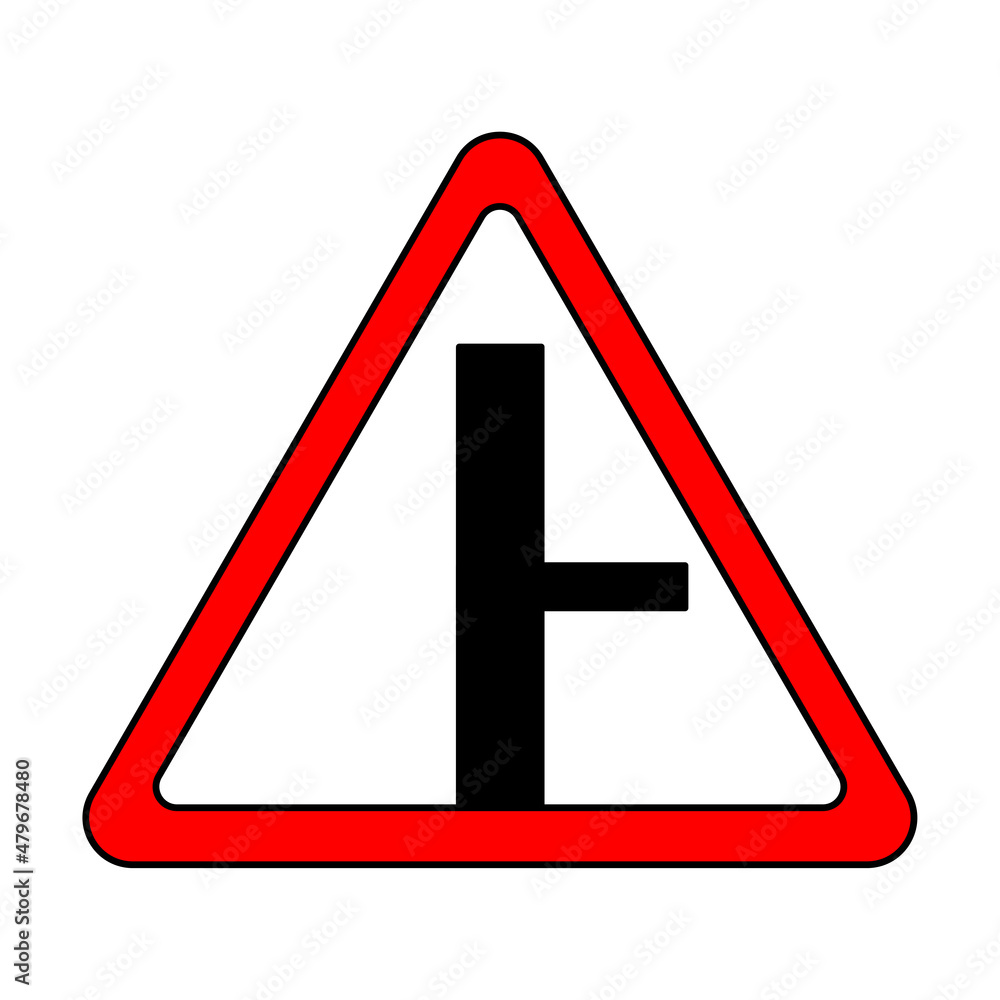 Minor cross road from right. Information road sign. Red triangle icon. Traffic element. Vector illustration. Stock image. Minor cross road from right. Information road sign. Red triangle icon. Traffic element. Vector illustration. Stock image.