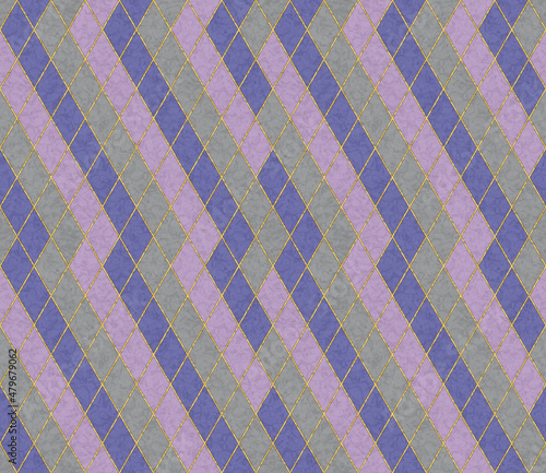 Seamless pattern with golden geometric rhombus. Grid, mosaic. Repeating tiles. Pattern in blue, lilac, gray rhombuses. Wallpaper design. Seamless rhombuses for wrapping, fabric, textile.