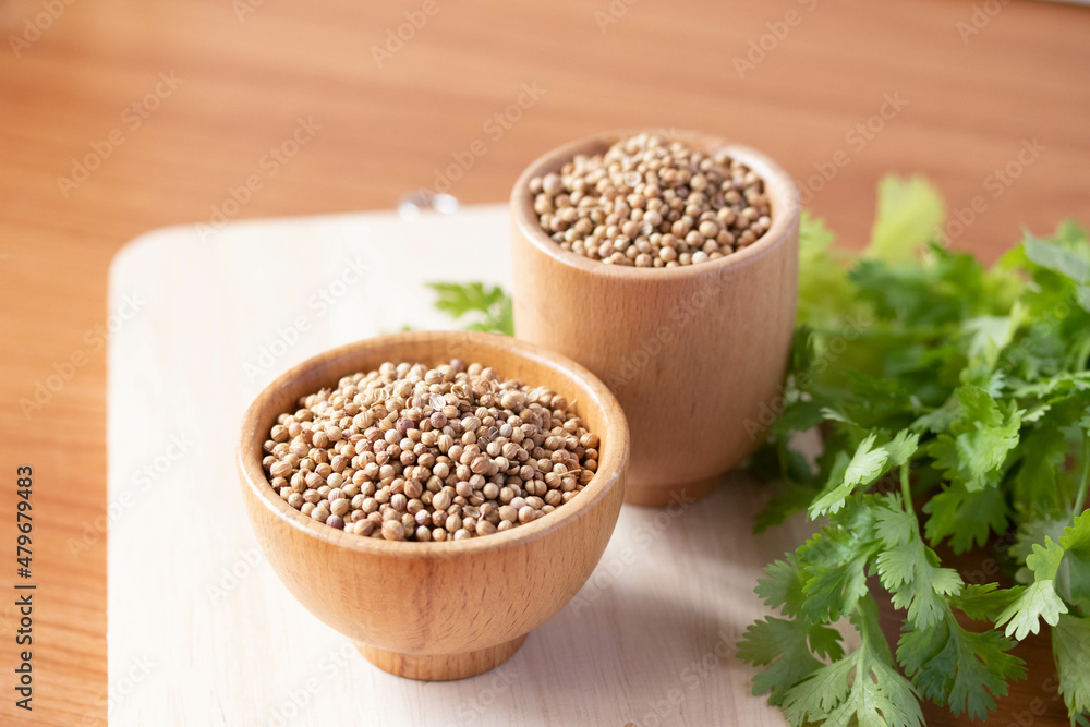 Coriander seeds in a wooden cup copy space Coriander seeds in a wooden cup copy space