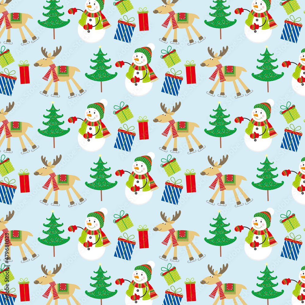 christmas seamless pattern with christmas trees, snowman and reindeer