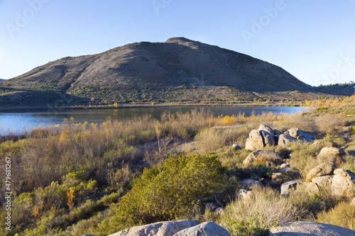 Scenic Landscape at Lake Hodges with Bernardo Mountain on a Hiking Trail in San Dieguito River Park on a Sunny Winter Day, San Diego County North Inland California USA photo