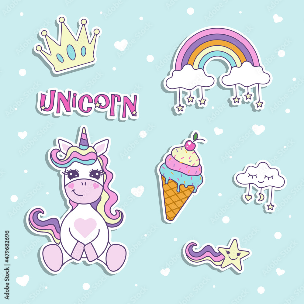 Collection of stickers with funny unicorn and rainbow for kids. Vector illustration.