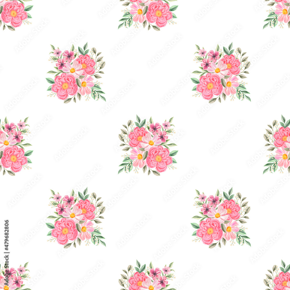 Spring flowers seamless pattern. Botanical background. Arrangement of pink and white wildflowers.