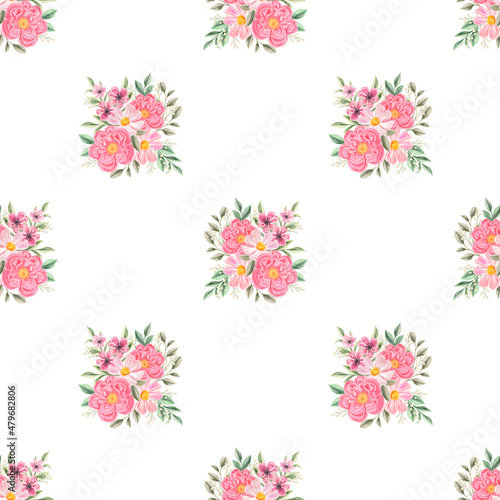 Spring flowers seamless pattern. Botanical background. Arrangement of pink and white wildflowers.