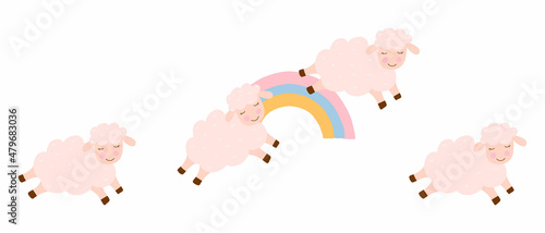 Vector illustration of jumping sheep over the rainbow. Insomnia concept.