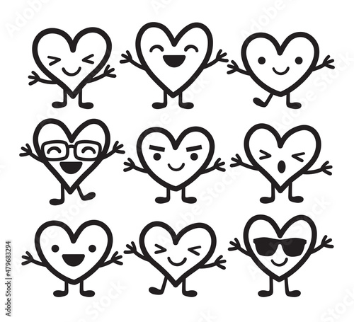 Cute Valentine’s day hearts with faces doodles vector illustration.