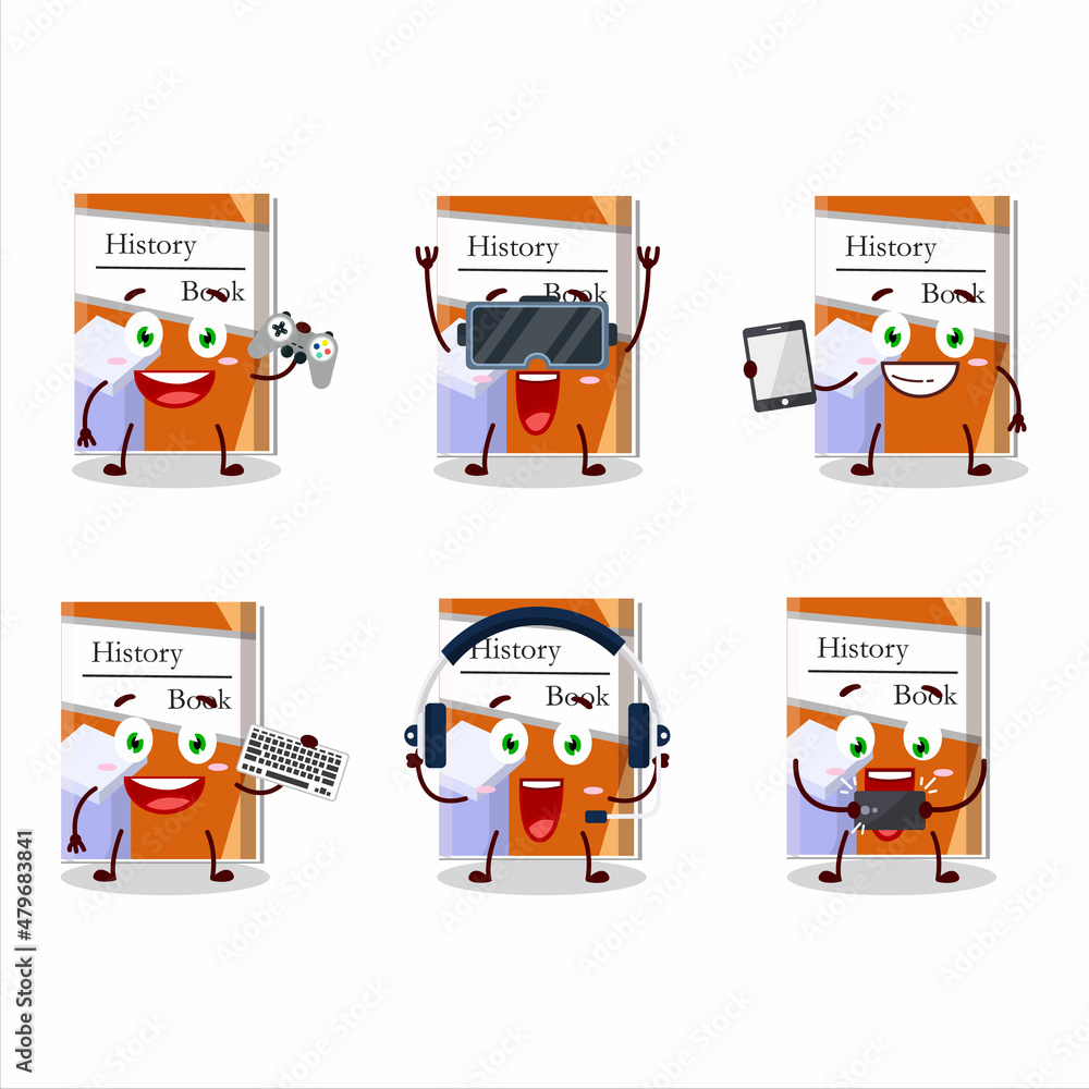 History books cartoon character are playing games with various cute emoticons