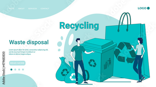 Waste disposal.People collect and sort the waste and put it in a container.The concept of eco-friendly waste.An illustration in the style of a green landing page.