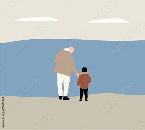 Father and son holding hands while walking on sand at beach. Fatherhood Family Concept