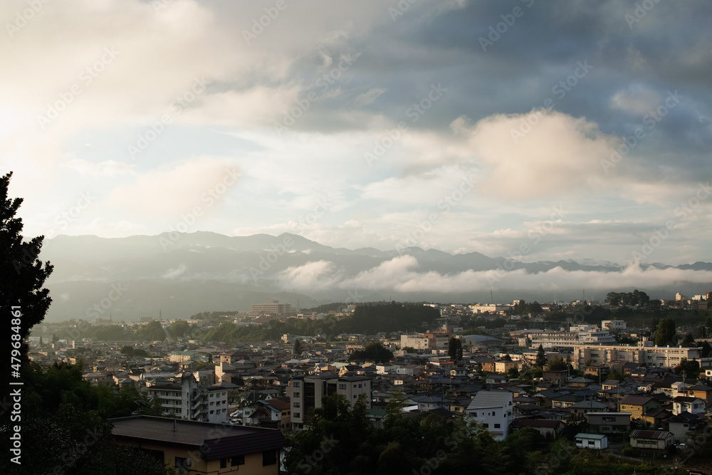 Iida, Nagano, Japan, 2021-07-09 , early morning view of Iida city, a city located in Nagano Prefecture, Japan.
