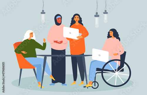 vector flat style illustration on the theme of inclusion and diversity. different women - a woman in a hijab and a woman, who use a wheelchair work in the office