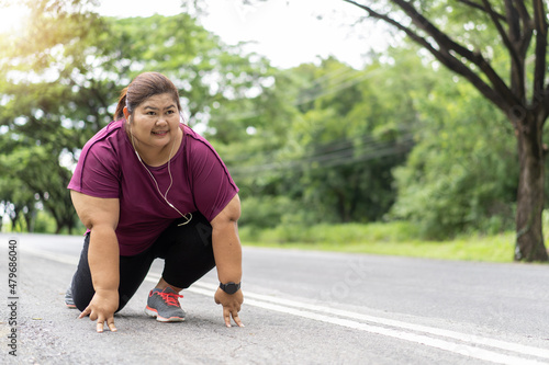 Fat woman asian ready to run, Does exercise for weight loss idea concept.