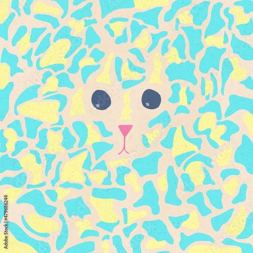 Jaguar or cheetah cartoon face surrounded by neon spots