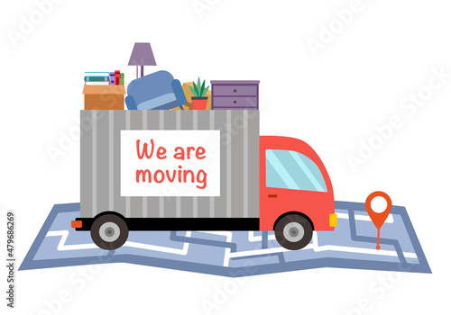 Moving house service.  We are moving concept vector illustration on white background. Delivery truck, furniture and cardboard box on map in flat design.