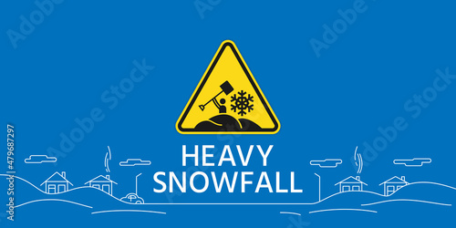 Heavy snowfall web banner.  Warning sign and line illustration on blue background. editable line