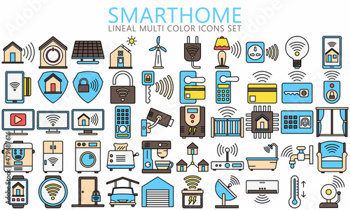 Smart home icons set. Vector collection of smart house concept in lineal color style. Home automation control systems signs. Used for web, UI, UX kit and applications, EPS 10 ready convert to SVG.
