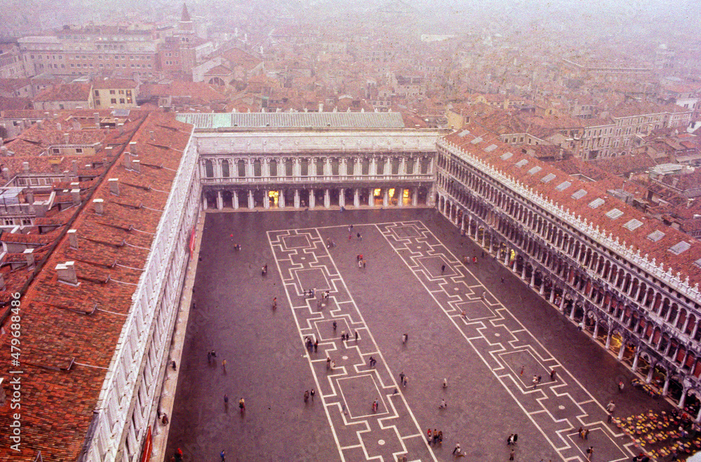 Fototapeta premium Venezia, Italy. Year 1983. Vintage photo of the San Marco square from the bell tower. Fall season