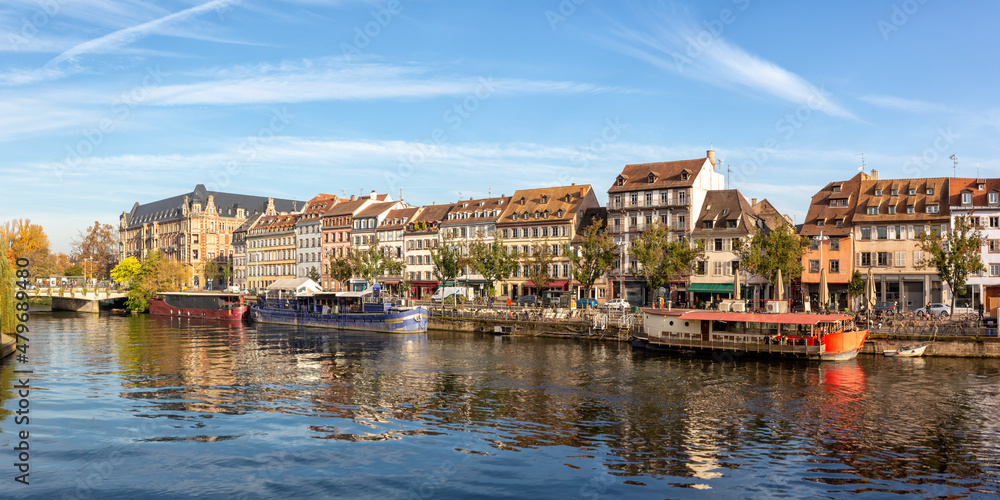 Historical houses buildings at river Ill water panorama Alsace in Strasbourg France